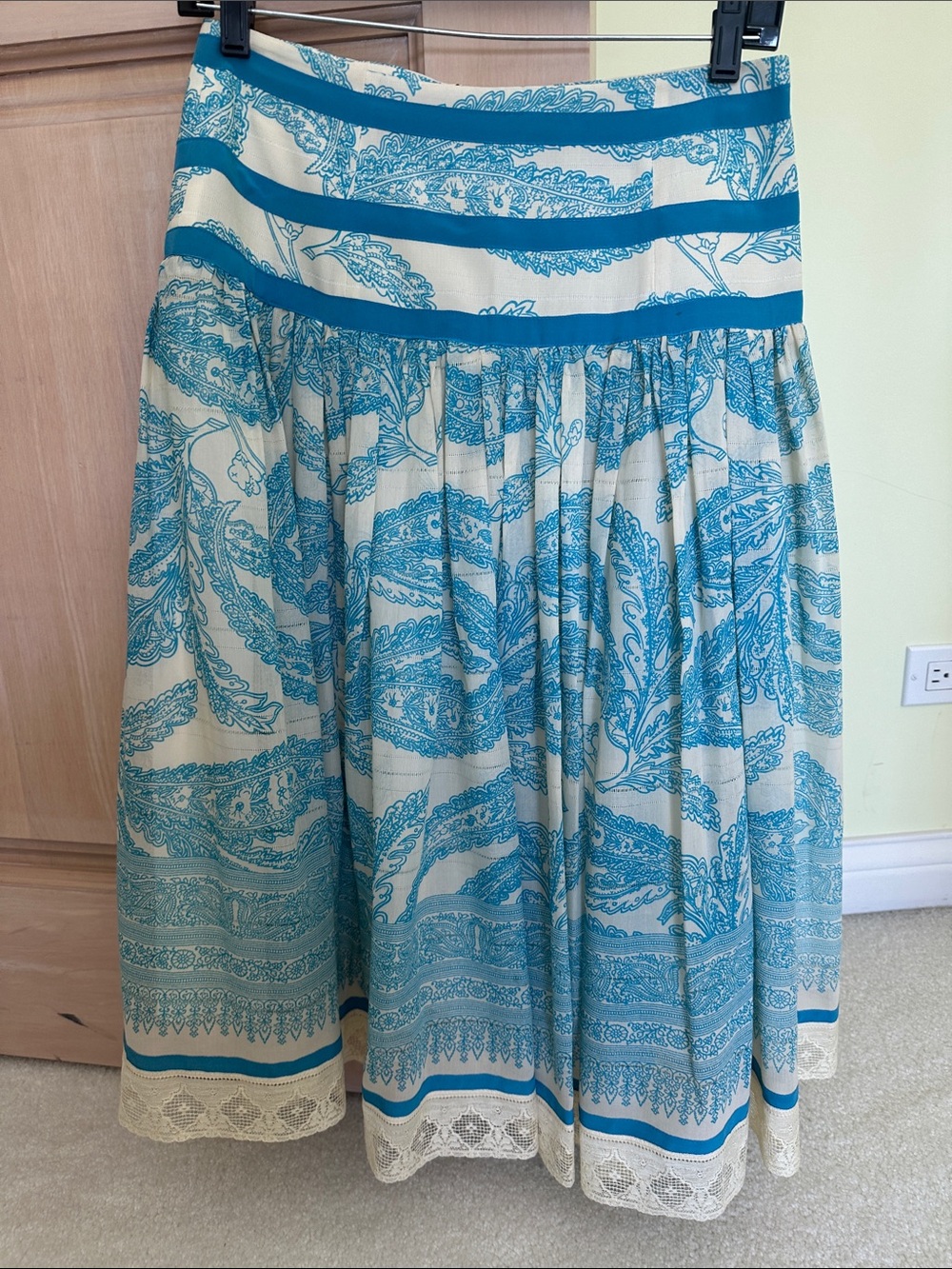 Tracy Reese Blue and Cream A-Line Printed Midi Skirt